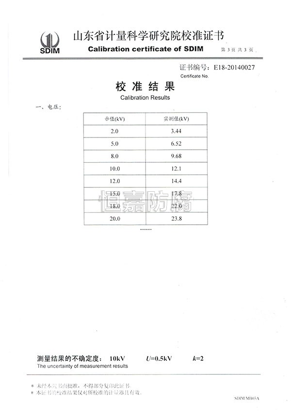 山東省計量科學(xué)院校準證書